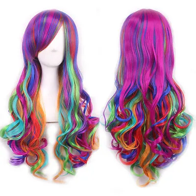  Women's Multi-Color Lolita Rainbow Long Curly Wavy Hair Cosplay Party Full Wigs • $18.99