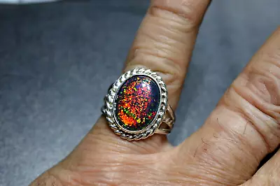 3.73+ Ct Aaaa Large Australian Black Opal Lab Created 925 Sterling Silver Ring • $69