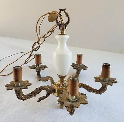Vintage Petite Brass Bronze & Milk Glass Chandelier Light W/Chain...Spain • $125