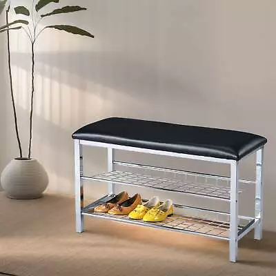 Metal Shoe Bench With Faux Leather Seat Chrome And Black • $59.99