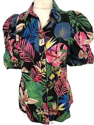 £6.50 • Buy Stradivarius Bold Tropical Leaf Print Blouse Shirt Top With Puff Sleeves Small