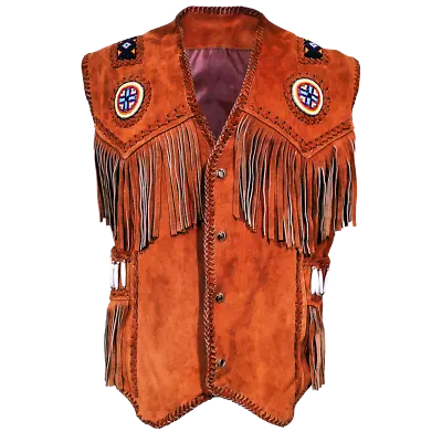 Mens Western Wear Cowboy Cognac Suede Leather Beaded Vest Fringe Bones NV08 • $103.27