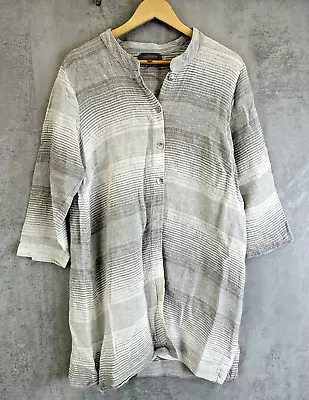 Sahara Striped Shirt Medium Grey Woven Linen Tunic Pockets Button Up Lagenlook • £36