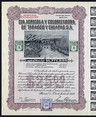 1912 Mexico: Cia. Agricola Y Colonizadora De Tabasco Y Chiapas - 5 Shares • $42.15