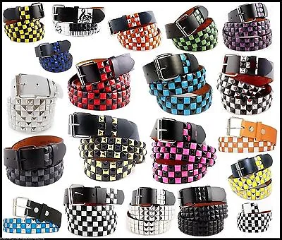 Mens Womens 3-Row Metal Pyramid Studded Leather Belt  Checker Punk Rock Goth Emo • $9.95