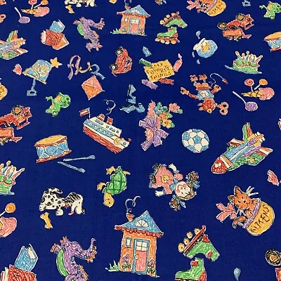 Vtg Toys & My Favorite Things Fabric By Cranston Robot Dog Kite Books Blue 1+Yds • $15.45