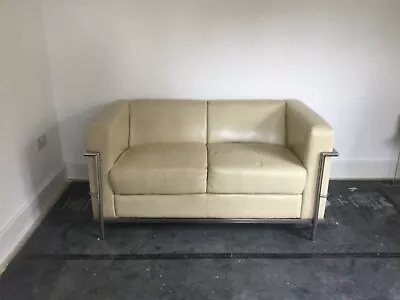Modernist 2 Seater Bauhaus/ Corbusier Style Tubular Steel Sofa CREAM PU Leather • £65