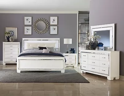 Glitzy 4 Pc White Mirrored Led Lights Queen Bed Ns Dresser Bedroom Furniture Set • $1799