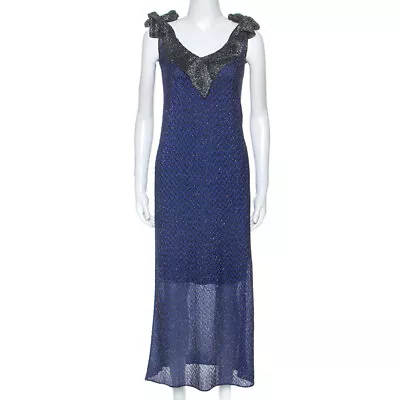 M Missioni Blue Metallic Knit Tie Shoulder Detail Maxi Dress S • $322.35