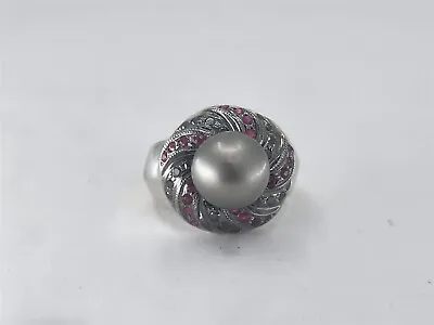 Vintage 14K White Gold Black Pearl Diamond And Pink Sapphire Ring Sz 9 • $835