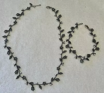 Vintage 925 Sterling Marcasite Rhinestones Flower Leaf Necklace And Earrings Set • $65