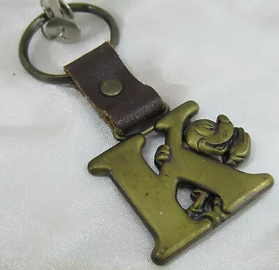 Disney Mickey Mouse Vintage LETTER K Key Ring Fob Brass Tone Metal Leather Strap • $5.99