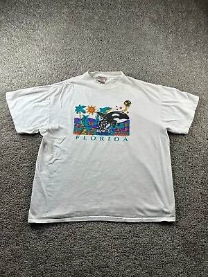 VINTAGE  Florida Shirt Mens XXL White Blue Dolpin Whale Single Stitch 90s FLAW • $10