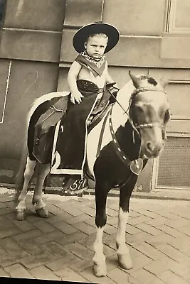 Boy Riding On Back Of Pony Cowboy Hat Chaps Bandana 1949 Black White BW Photo • $14.67