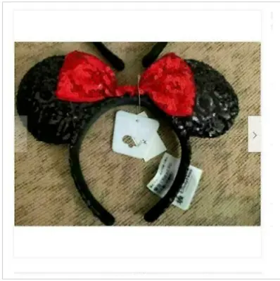 Disney Parks Minnie Mouse Ears Hat Headband Black Red Sequin Bow • $0.99