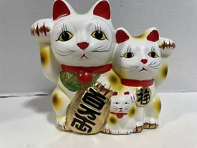 Chinese Maneki Neko Lucky Cat W Kitten Waving Hand Ceramic 7” Bank RARE • $45