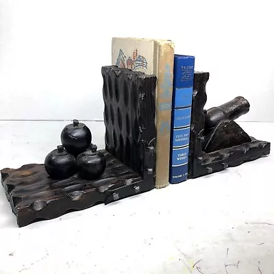 Antique ARTS & CRAFTS WOODEN BOOKENDS CANNON & BALLS Made In Spain Square Spikes • $26.99