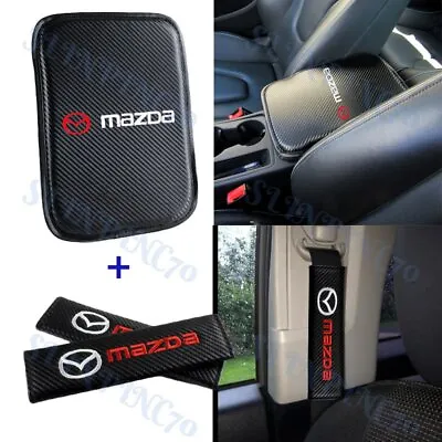 For MAZDA Embroidery Car Center Armrest Cushion Mat Pad W/ Seat Belt Cover Set • $15.89