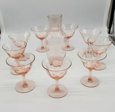 Vintage Depression Glass Etched Floral Stemware And Decanter ** • $55.96