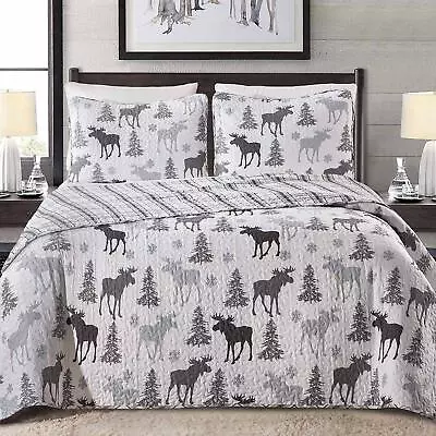 Gray White Moose Tree Lodge Plaid 3 Pc Quilt Set Twin Full Queen King Coverlet • $56.90