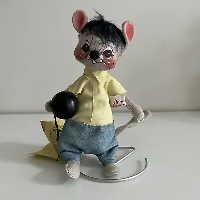 Vintage 1973 Annalee Bowling Mouse Gray Doll Yellow Blue Outfit Wire Stand + Tag • $30.99