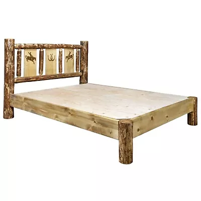 Rustic LOG Platform Bed KING Western Unique Etching Art Bear Wolf Deer Elk • $1499