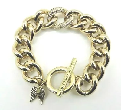 Victoria Secret Gold Tone Link Toggle Bracelet Angel Wings Charm Crystal Accent • $11.69