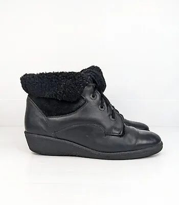 80s Vintage Black Lace Up Leather  Suede Ankle Boots Size 40 Grunge Rock Walking • $49