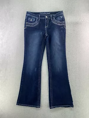 Justice Jeans Youth Girls Size 18 Dark Wash Embellished Flap Pocket Bootcut Jean • $12.95