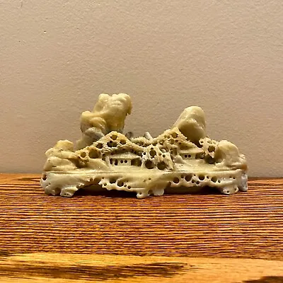 Vintage Chinese Hand Carved Light Green Soapstone Village Mountain Scene • $25