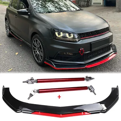 Front Bumper Red Lip Spoiler Splitter +Strut Rods For VW Volkswagen Polo 2003-21 • $95.11