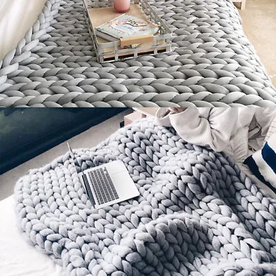 Wool Chunky Knitted Blanket Luxury Hands Bulky Knit Warm Sofa Bed Throw Bedroom • £30.95