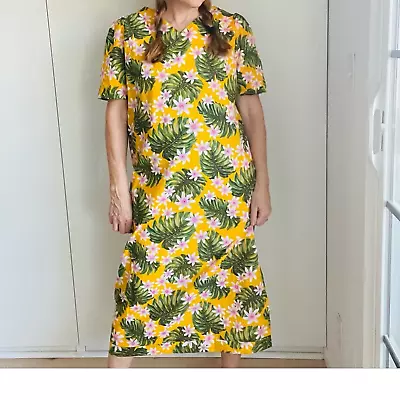Vintage Handmade Hawaiian MuMu Midi Dress TRopical Print Yellow/Green Small/M • $19.99