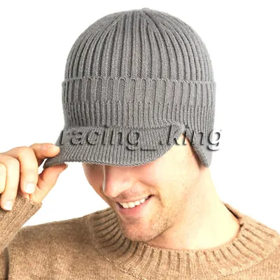 Men's Wool Blend Visor Brim Beanie With Bill Knit Baseball Cap Skull Hat Winter  • $12.99