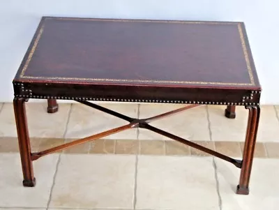 Vintage Art Deco Mahogany Tooled Embossed Leather Top Brass Tack Coffee Table • $300.83
