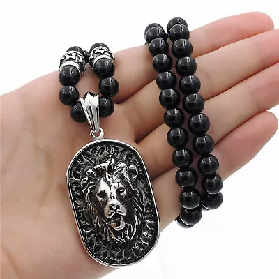 Men's 8mm Black Onyx Beads Silver LION Tag Stainless Steel Pendant Necklace Set • $32.99