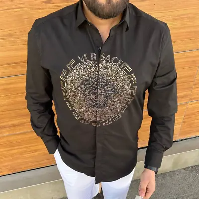 Men's Versace T Shirt Black Button Down Long Sleeve  Crystal Embellished • $124