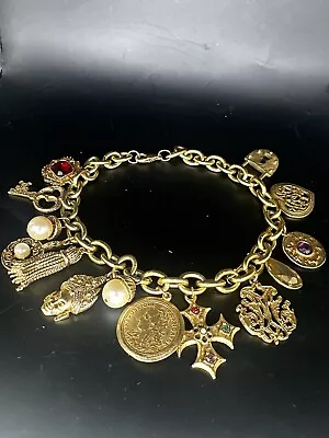 VTG 1980 Etruscan Runway Couture Matte Gold Toned Charm Bracelet Estate 14 Inch • $1800