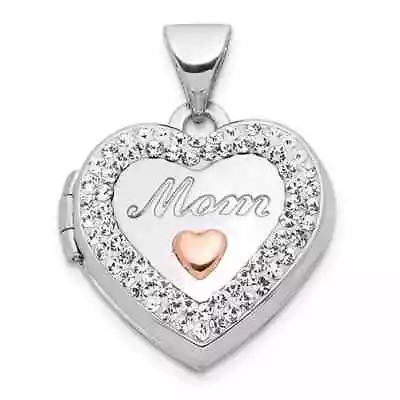 14K White Gold Crystal Mom Heart Locket Pendant 21mm | Mothers Day Gift • $194.80