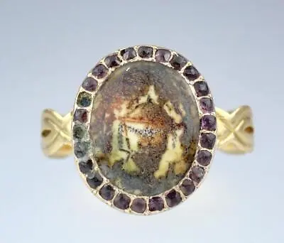 Antique GEORGIAN 18K 9K Gold Purple Paste Urn CELTIC Band MOURNING RING 1780 5.5 • $799