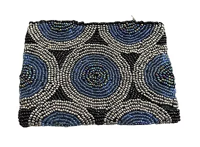 Vintage Beaded Coin Purse Blue Black Circles Zippered • $22.87