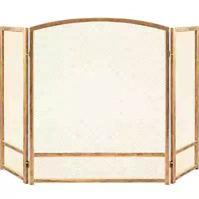 $49.99 • Buy 47x29in 3- Steel Mesh Fireplace Screen, Spark Guard  -Antique Gold