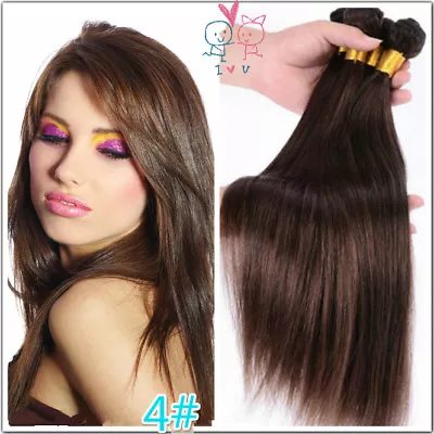 Straight Human Hair Extension #4 Medium Brown Peruvian Hair 3 Bundles Weave Weft • $88.60