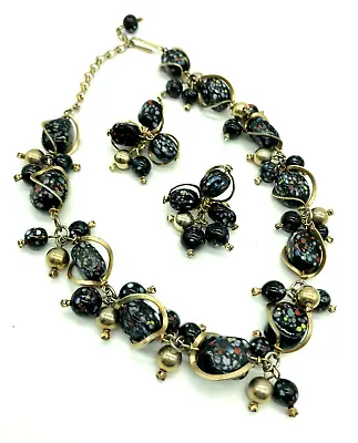 Christian Dior By Kramer Marbled Venetian Black Art Glass Necklace & Earrings • $1295