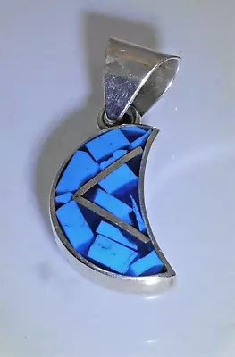 Vintage Crescent Moon Pendant Turquoise Inlay Sterling Silver 925 MEX Mexico • $95