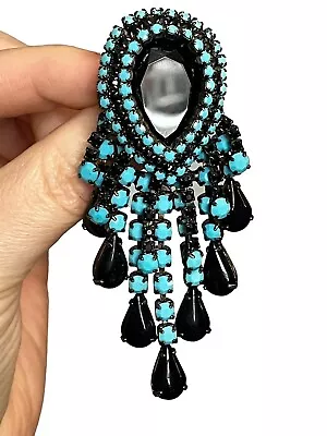 Hattie Carnegie Blue Black Glass Brooch Pin Dangle Drop Signed Statement Vintage • $174.99