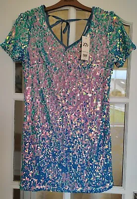 Miss Selfridge Blue Pink Sequin Short Sleeve Shift Party Mini Dress 10 - New • $24.85