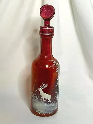 Antique Cranberry Stained Mary Gregory Stag Scene Bar Bottle With Stopper • $125