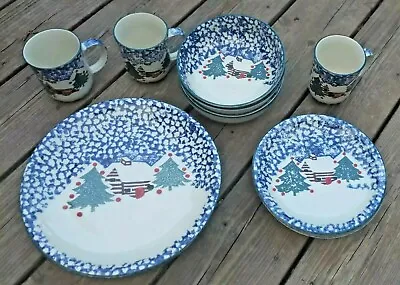 TIENSHAN CABIN IN THE SNOW Folkcraft 15 Pc Set Bowls Plates Mugs Winter Holiday • $100