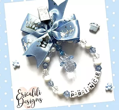 Prince Pram Charm Clip Dummy Personalised Blue Silver Boy Baby Shower Gift Bag • £7.95